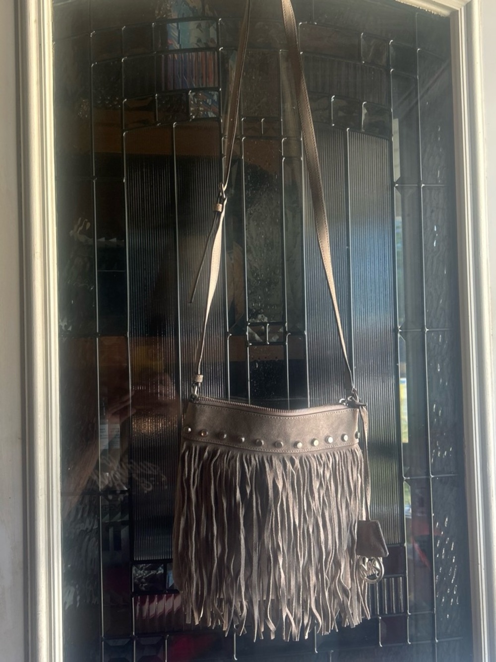 Michael Kors Taupe Fringe Crossbody Bag with Stud Detail